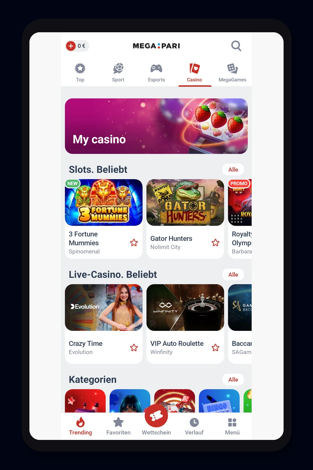 L'interfaccia del bookmaker Megapari su mobile